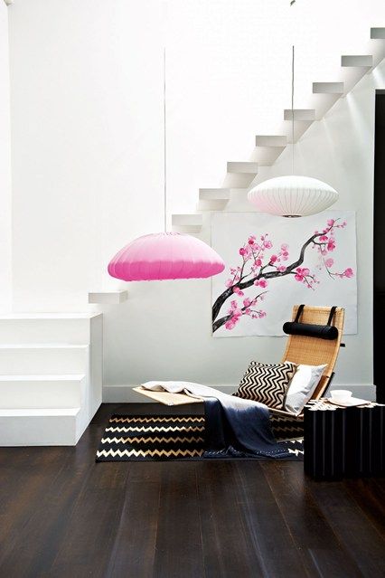 Contemporary Hallway with Pink Suspended Lamp