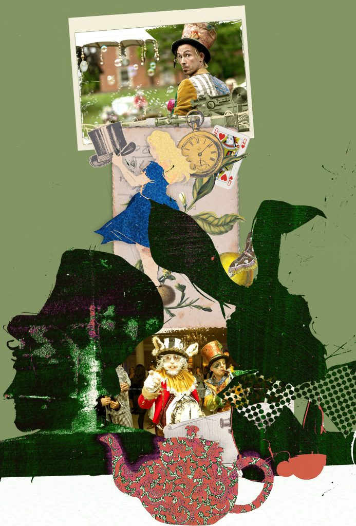 A collage of Alice in Wonderland themed photographs and illustrations.