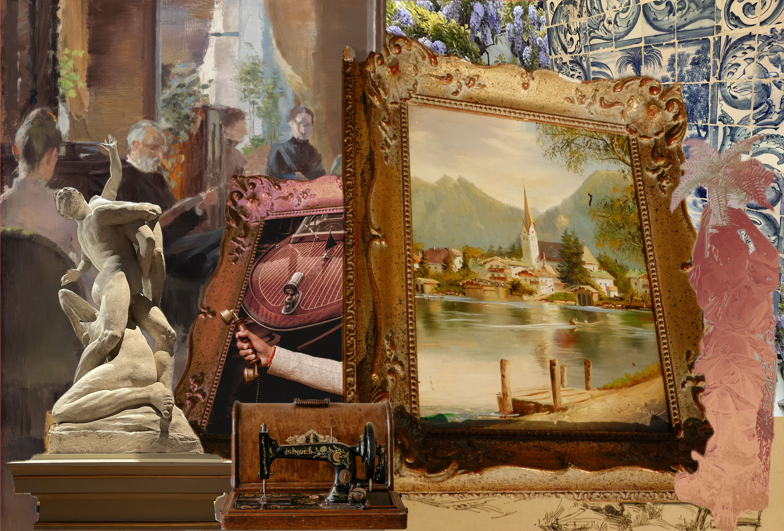 A collage including a large picture frame showing a landscape painting, a sculpture, a Singer sewing machine, a hand holding a telephone and an illustration of people gathered together. Luxury event planning agency.