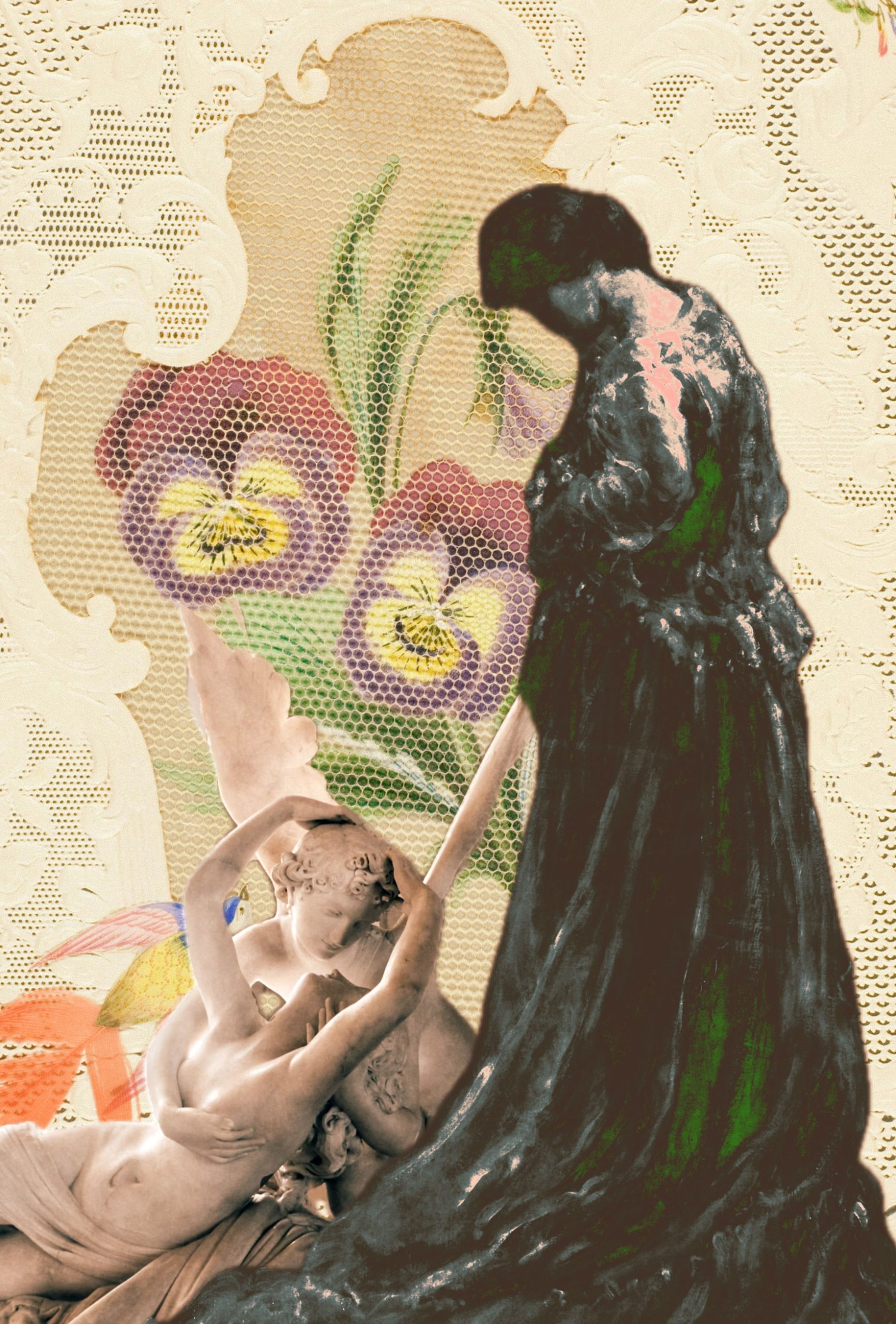 A woman in a black dress overlooking a white sculpture of angels set in front of flowers and decorative background.