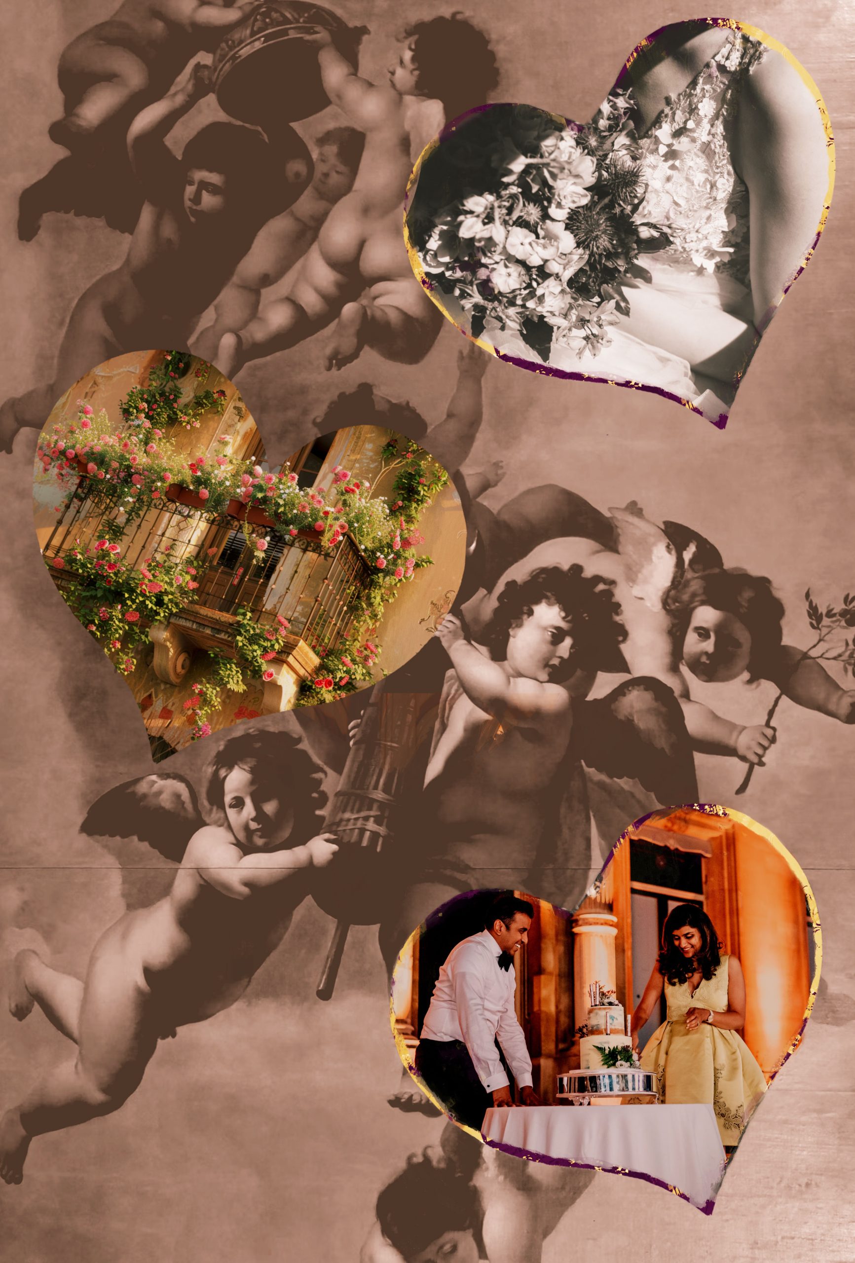 Three hearts with three different photo backgrounds - a bridge, a balcony and a couple cutting a wedding cake. The background is a photo of cherubs.