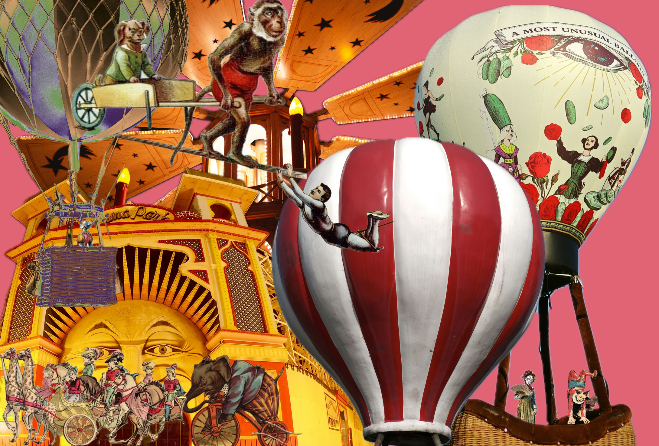A collage of hot air balloons and circus animals