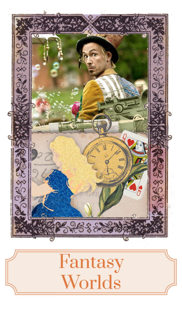 Illustrations themed on Alice in Wonderland showing Alice in a blue dress, a golden clock face and a Queen of Hearts car. A Mad Hatter themed performer blowing bubbles.