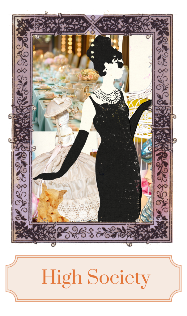 An illustration of Holly Golightly, a ginger cat and a prop of a woman with a lace dress and parasol all set in front of a table dressed with cakes.