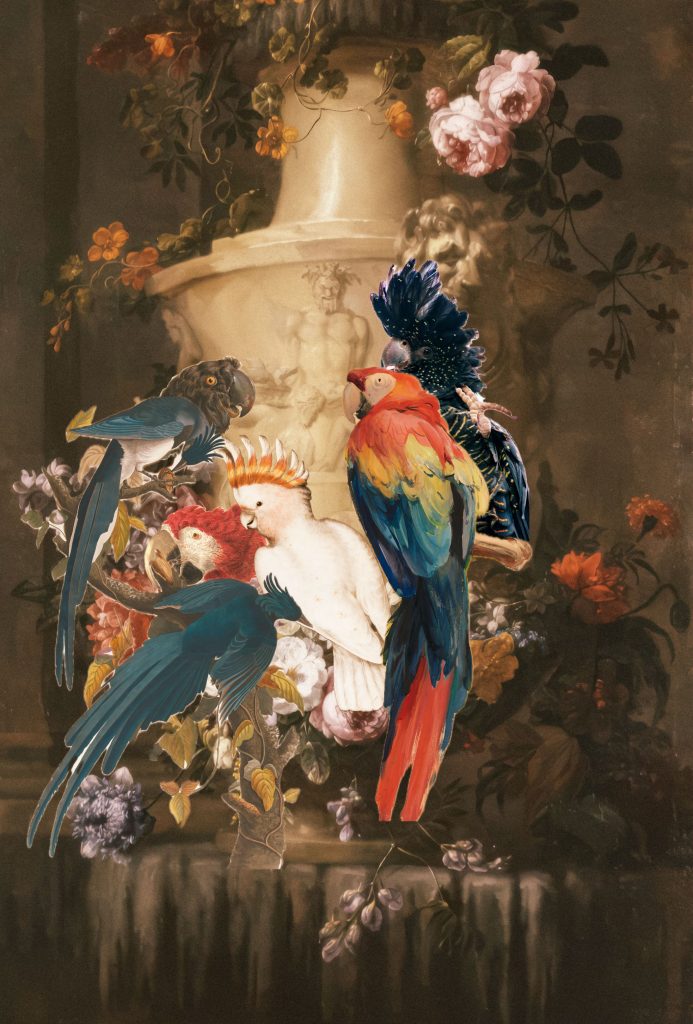 Parrots and exotic birds in front of an ornate urn and flowers.
