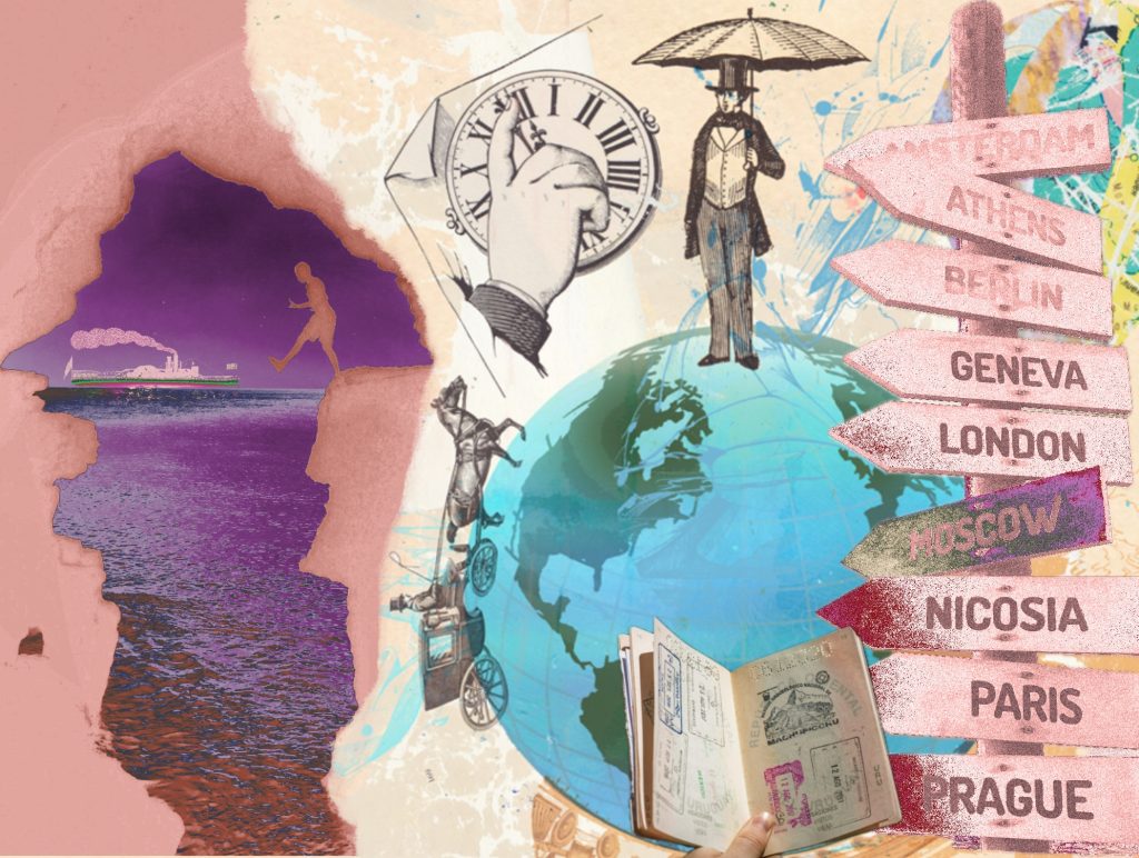 A collage of graphics depicting geographical things such as a globe, a sign post, compass and a passport.