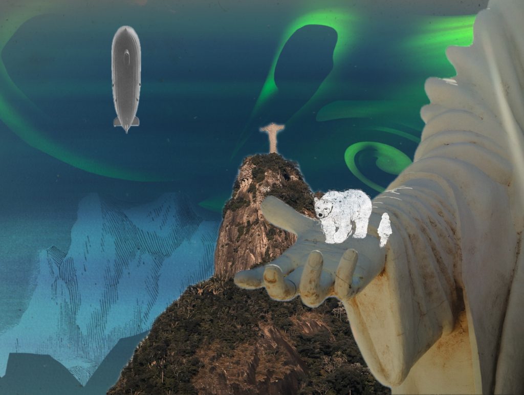 An illustrated graphic showing the head of Jesus, a mountain and the Northern Lights with a Zeppelin in the sky.