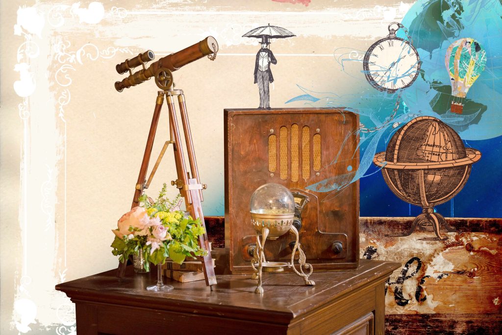 A collage of desk items including globes, telescopes and clocks sat in front of an illustrated background of the earth.