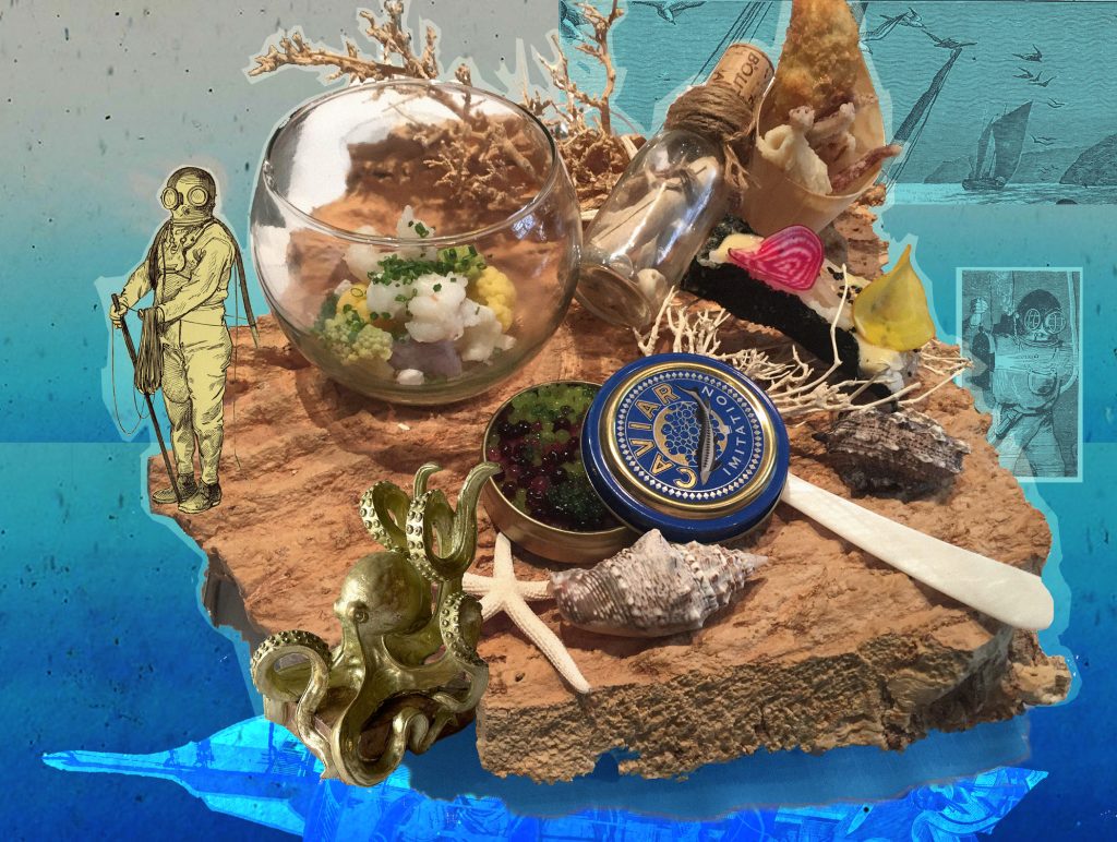 A piece of rock with shells, caviar, a bowl with food and other crustaceans.