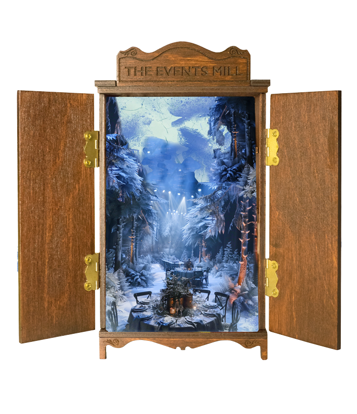 A wooden wardrobe with an inserted photo interior showing a ice world event.