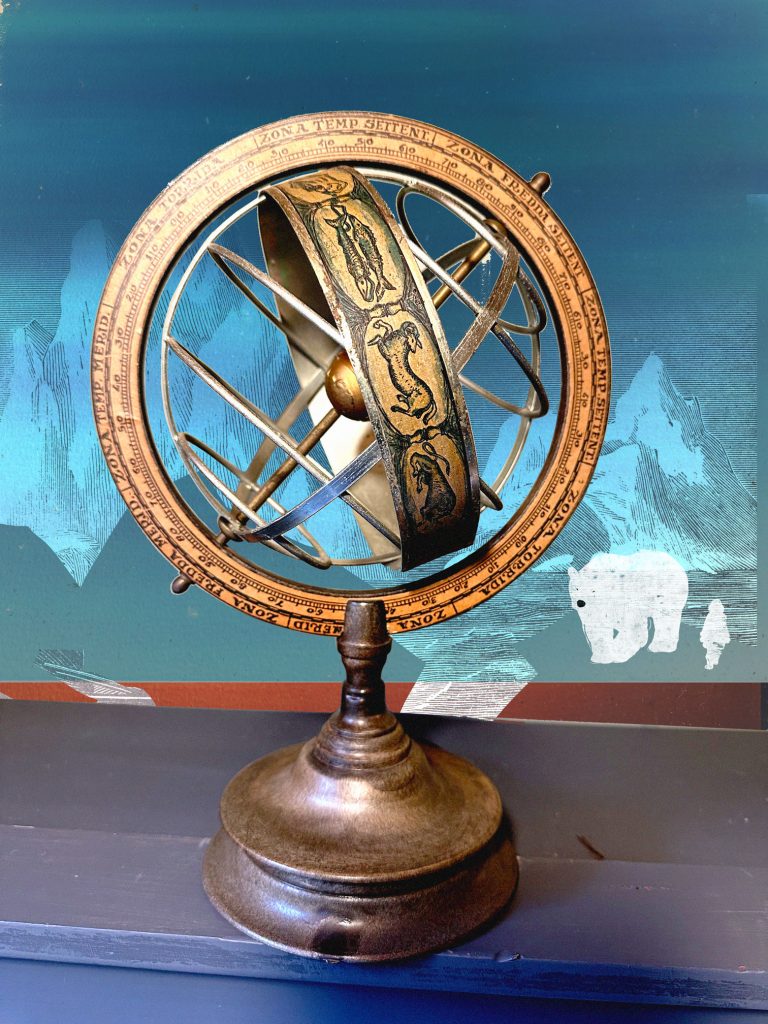 A desk astronomy prop against an illustrated background depicting a mountain scene, Northern Lights and a polar bear.