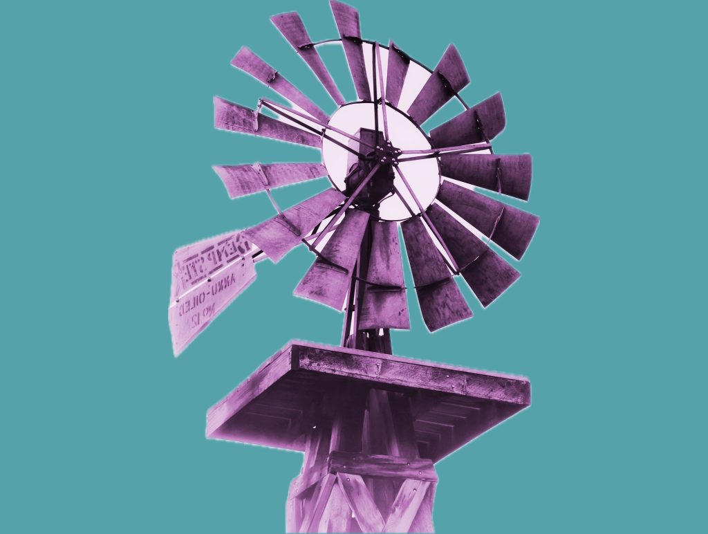 An illustration of a purple wind turbine on a teal background.