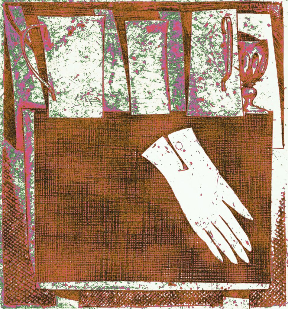 An illustration of white glove against a brown background.