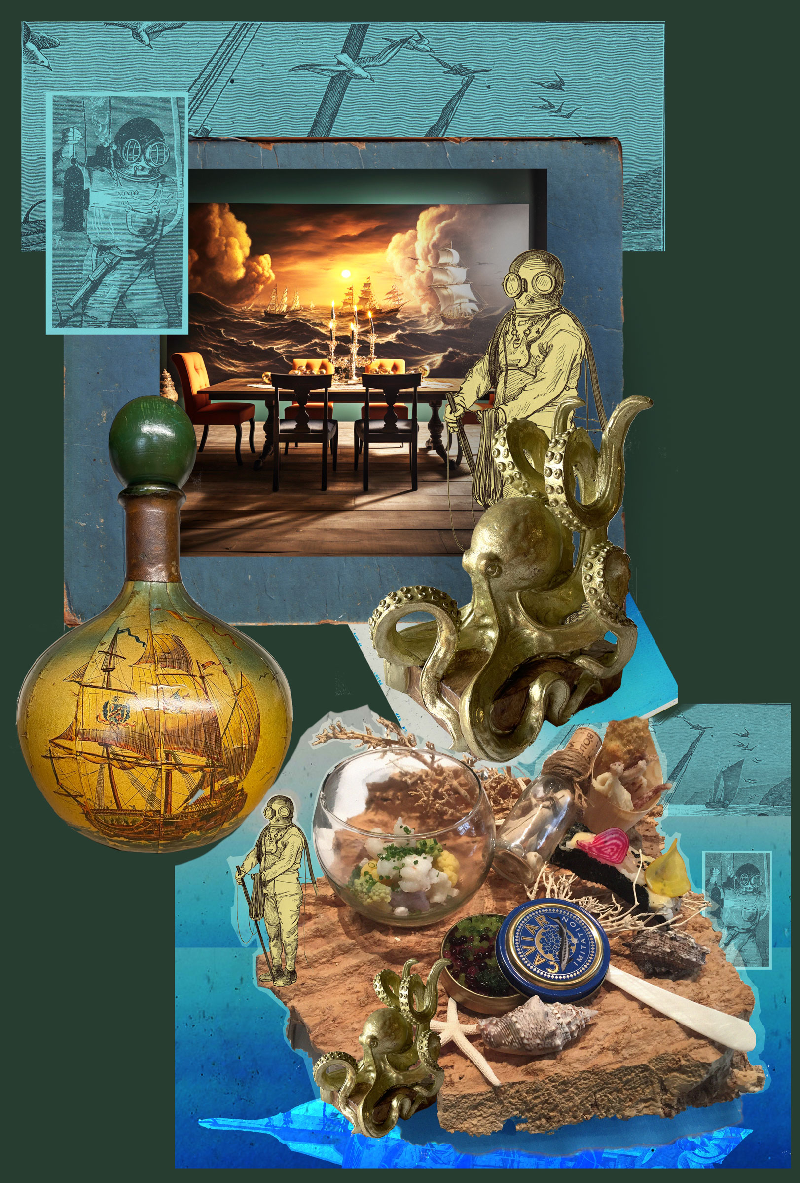 A collage of nautical objects including a bottle with a green stopper and a painted ship on its front; a piece of driftwood topped with shells, caviar, starfish and a bowl of food; a golden book stop octopus and a picture of a dining table in a dining room.