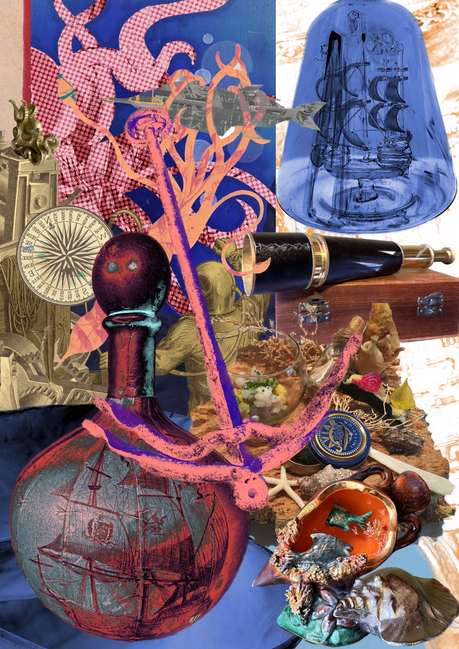 An illustrated collage of marine things including an anchor, a bottle with a ship painted on the front, a shell ornament, a glass ship and octopus.