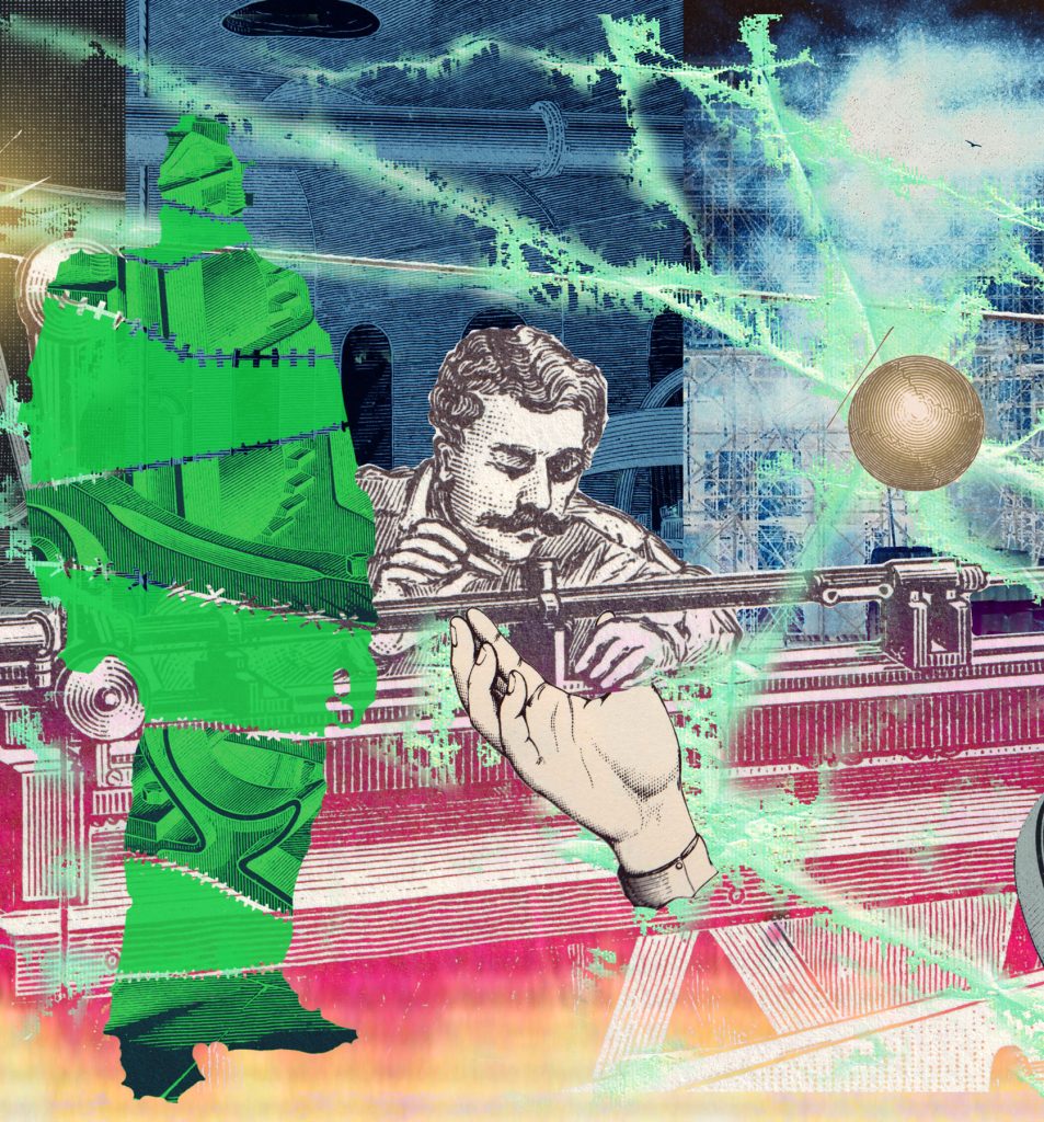 An illustration of Frankenstein's Monster in Green and a man working in a science lab.
