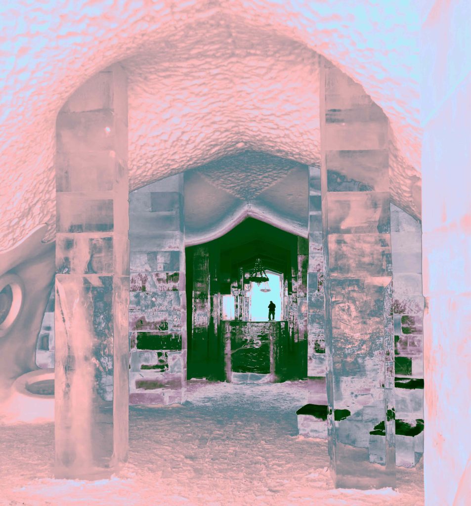 A graphic ice hotel drawn in pink and green colours.