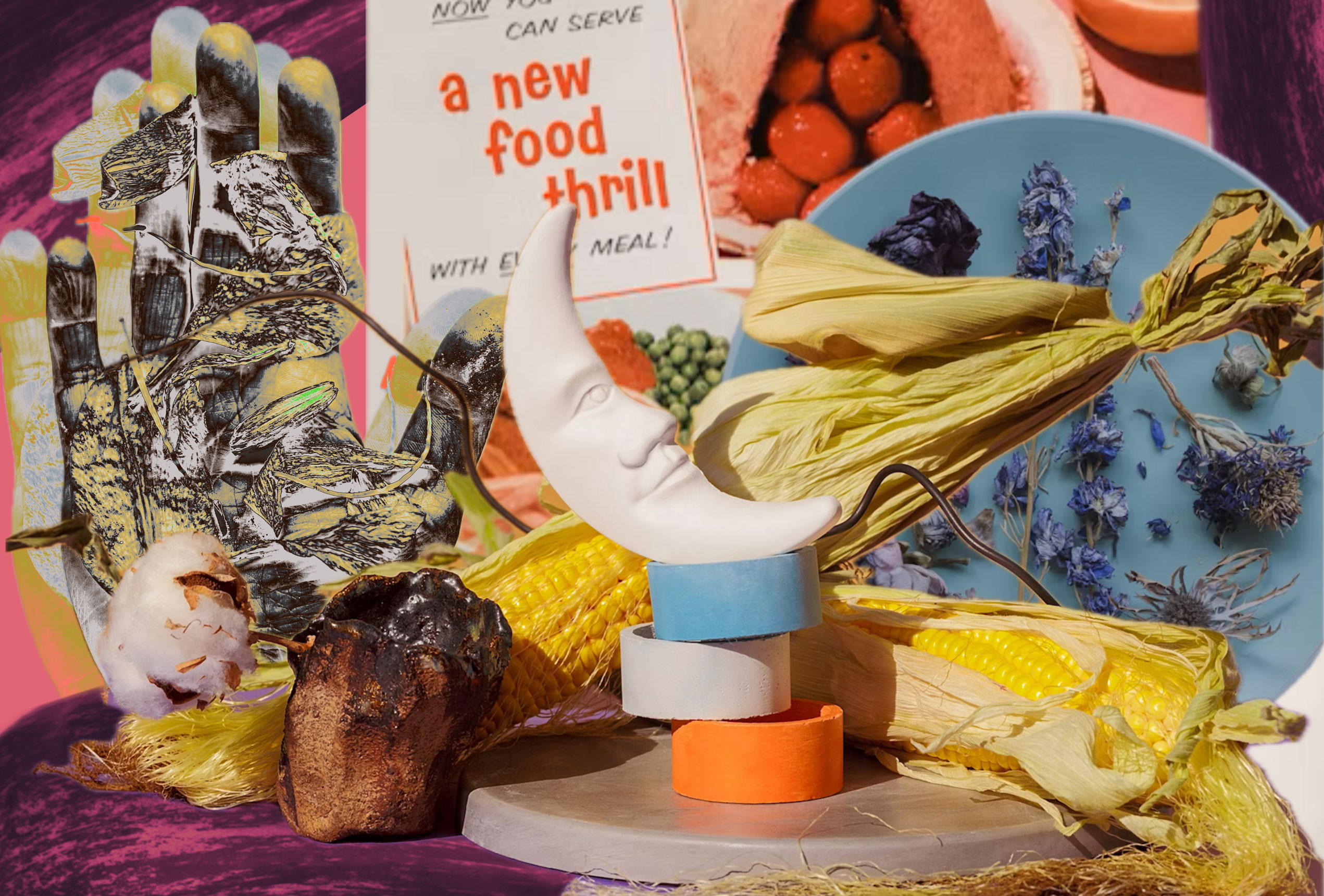 A collage of random things including a crescent mood on a plate, a blue dining plate with flowers, a corn on the cob and a hand covered in foliage. Immersive food experiences.