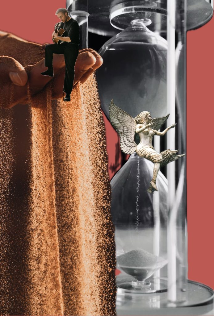 An hourglass and a hand with sand falling through fingers. A man playing the guitar is perched on the hand.