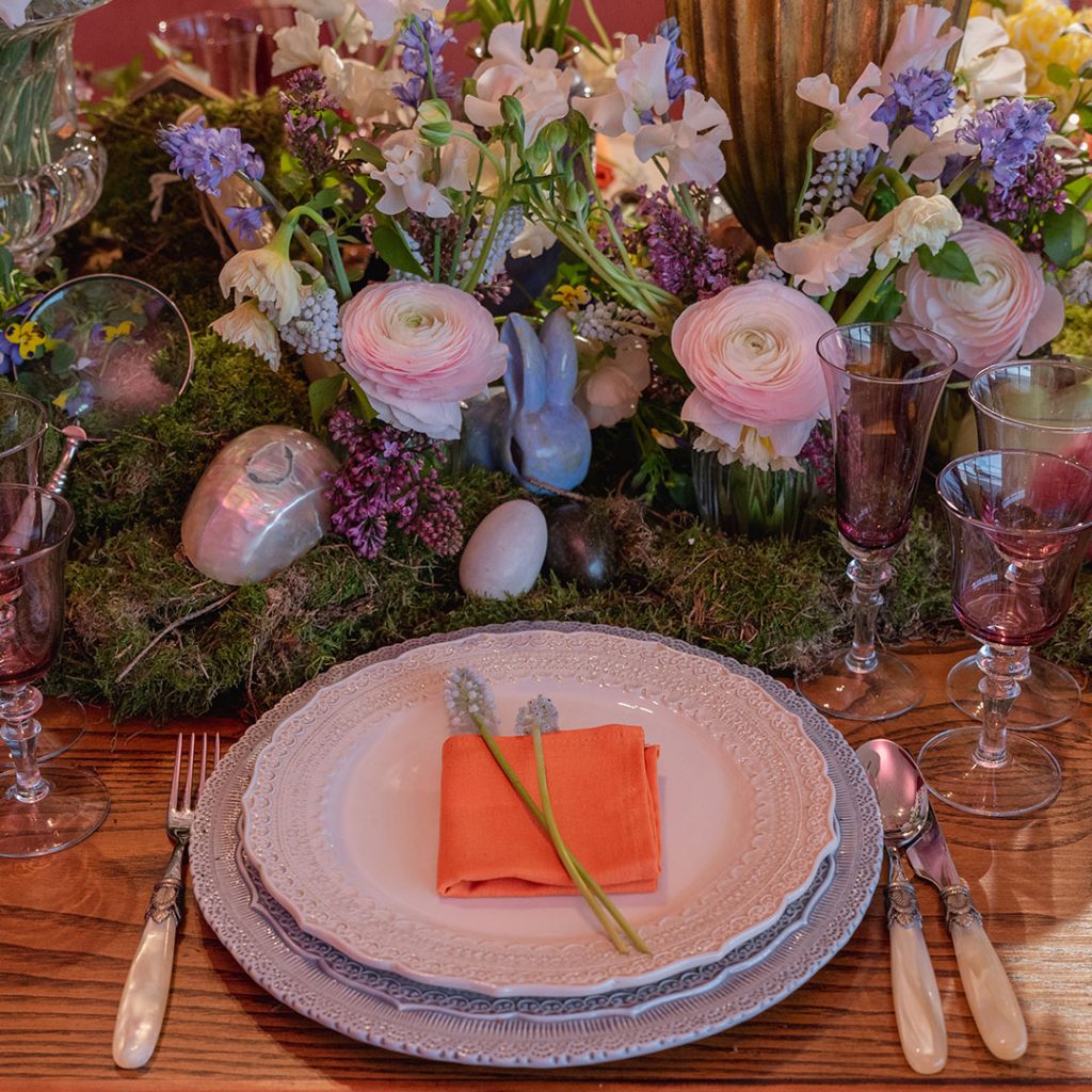 Blue and white china plates, Mother of Pearl cutlery, springtime flowers and Salvac Bunny