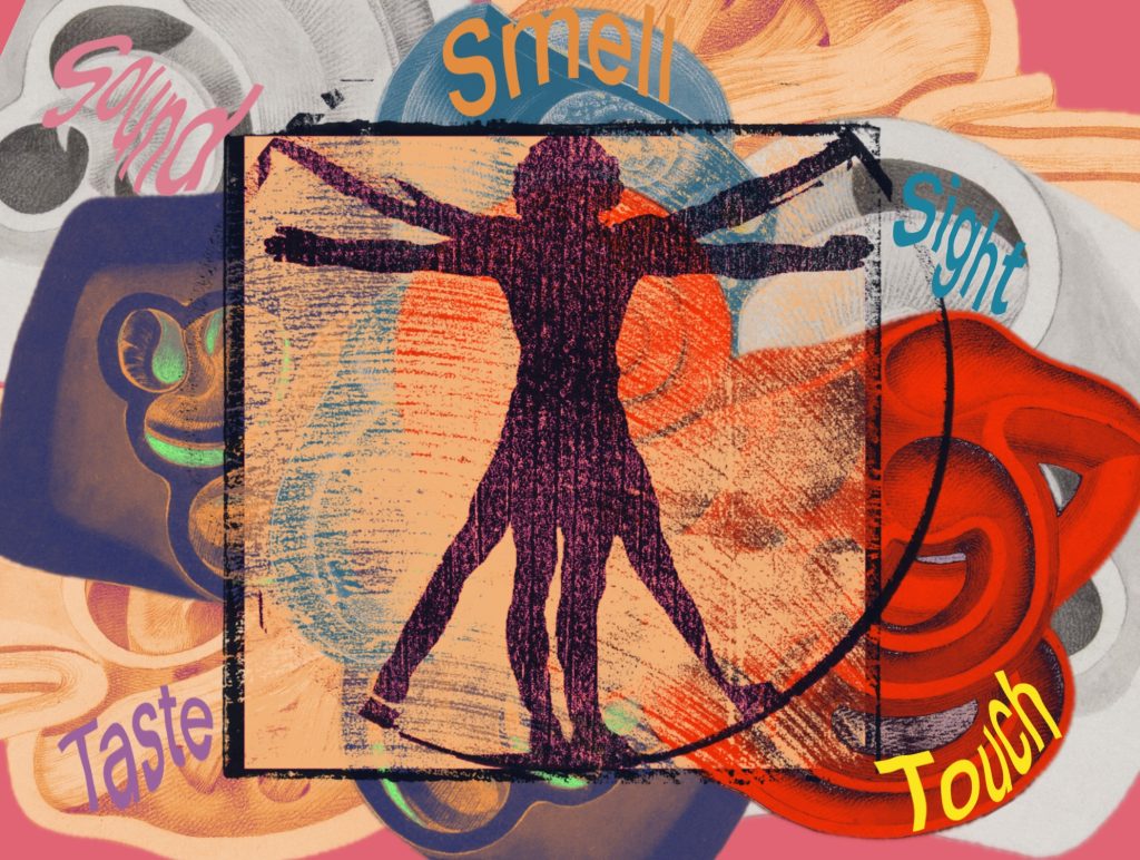 An illustration of Leonardo de Vinci's The Vitruvian Man in front of a colourful background. Multisensory Dining Experiences.