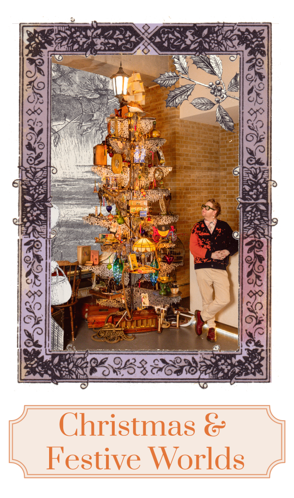 An image of a man next to a Christmas Tree made of metal with vintage props suspended across the tree branches.