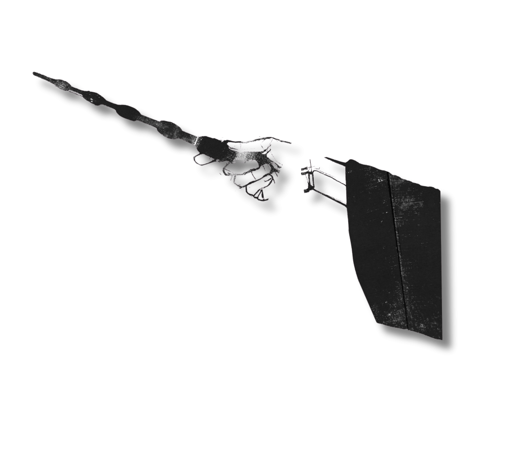 An illustration of a hand holding a wand.