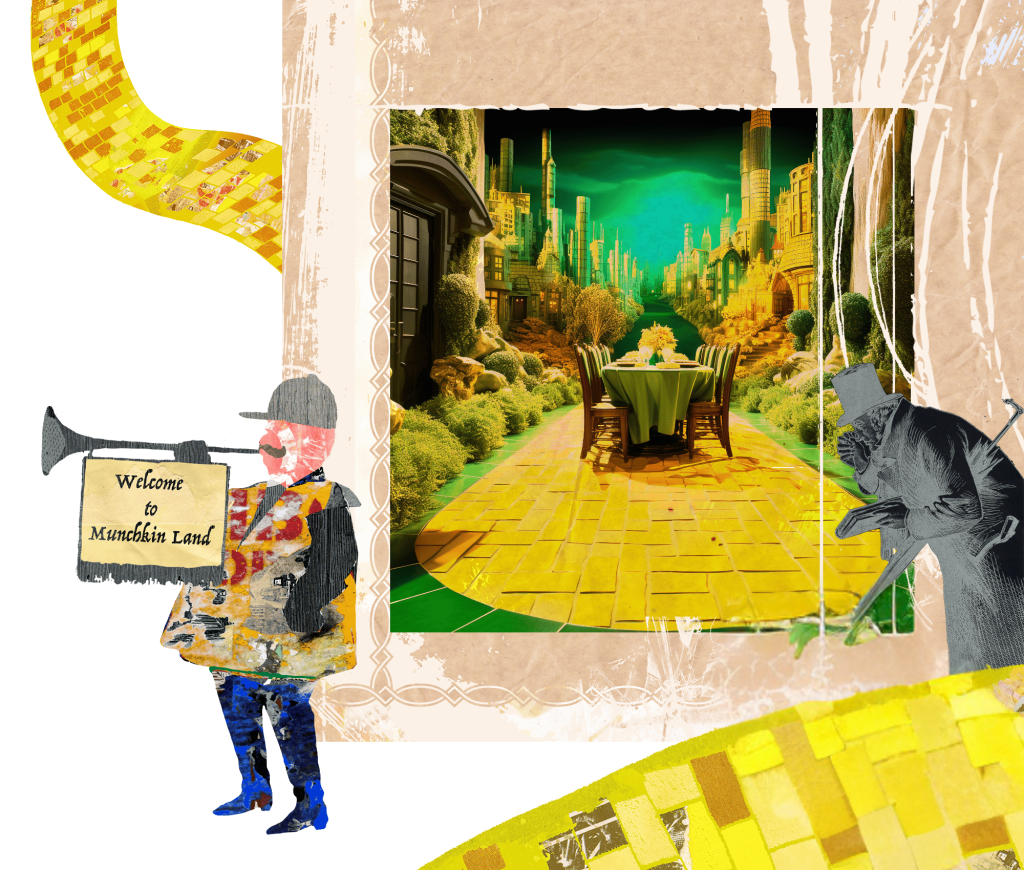 Dinner table set in a Wizard of Oz themed room and two illustrations