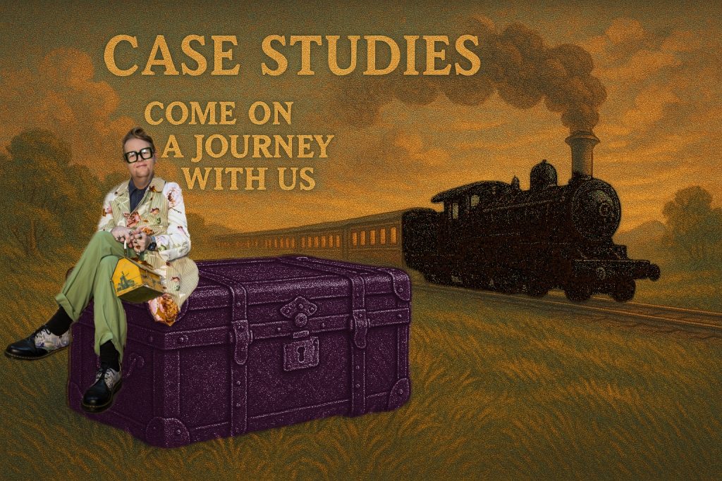 A man sitting on a trunk and a steam train in the background.