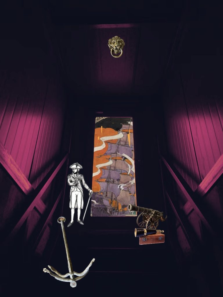 A staircase and doorway that shows an illustrated ship. On the stairs are illustrations and objects that are naval inspired.