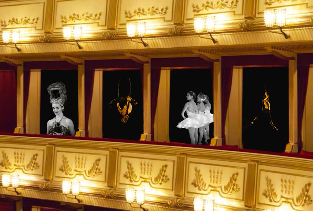 A theatre balcony with various theatrical characters featured in boxes including ballet dancers and acrobats.