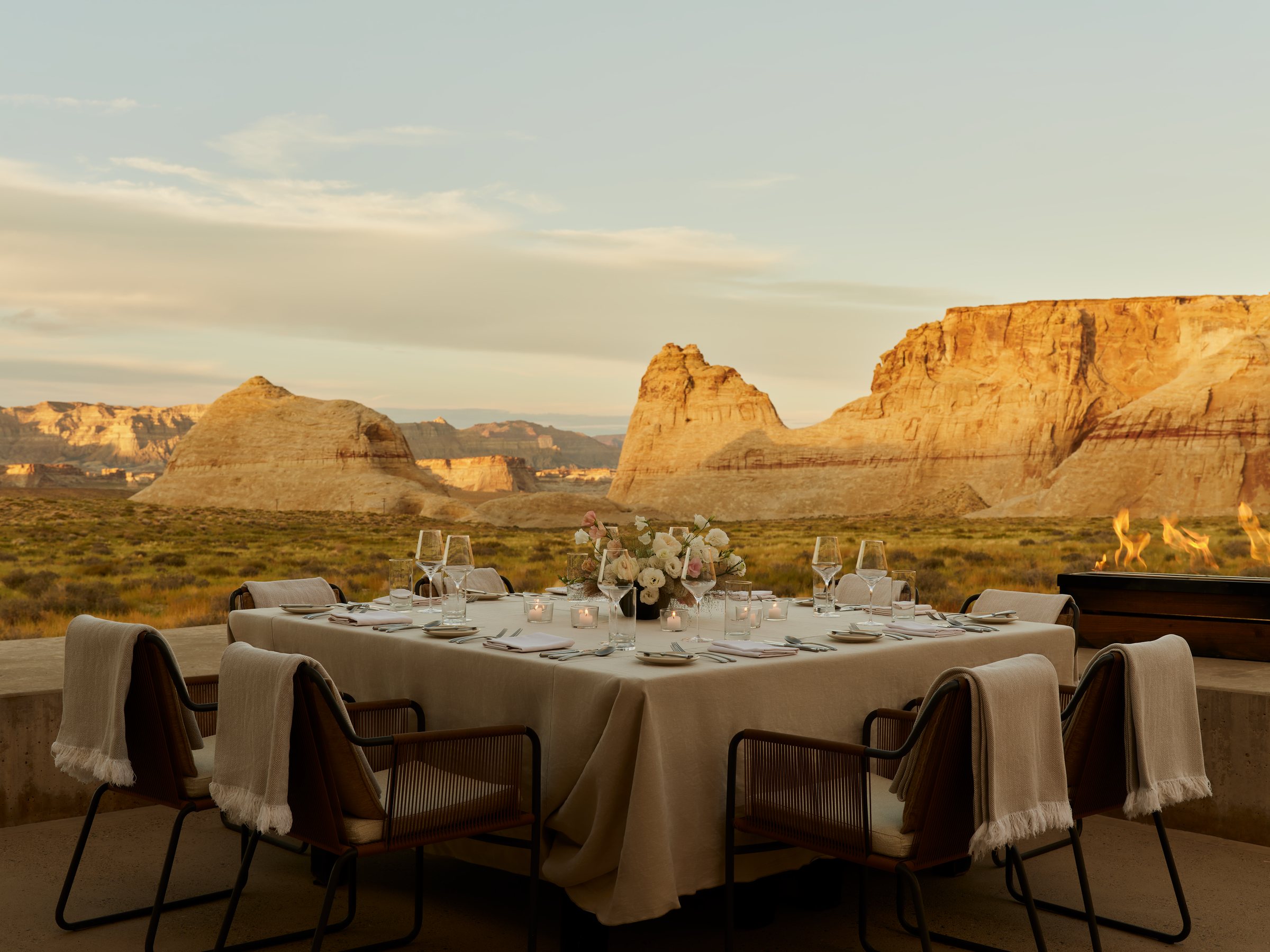 The Desert Lounge at Amangiri at dusk.