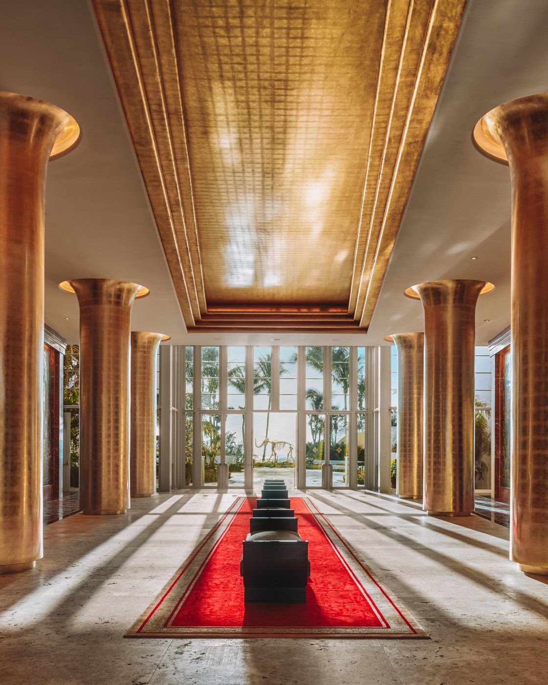 Faena Miami Beach — the cathedral, gilded columns and a red carpet running its length
