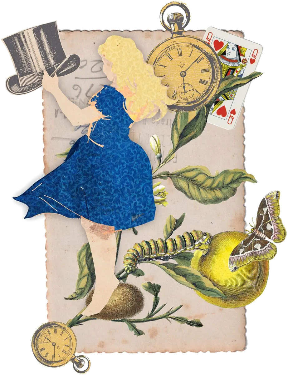 A paper collage in the studio’s own hand: Alice raising a top hat beside a gold pocket watch, a queen of hearts, curling leaves and a moth.