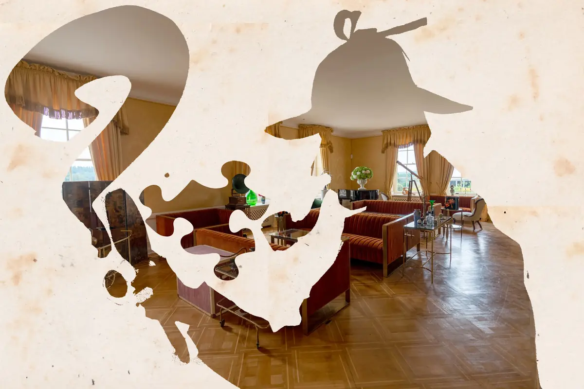 A Sherlock Holmes silhouette in deerstalker and pipe, drawn over a photograph of the finished drawing room it became.