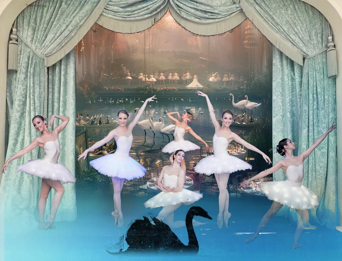 Dancers in white tutus before a painted lake and swans, from the Swan Lake dinner dance.