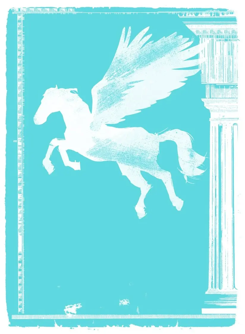 A winged horse beside a classical column, from the studio's own world illustrations
