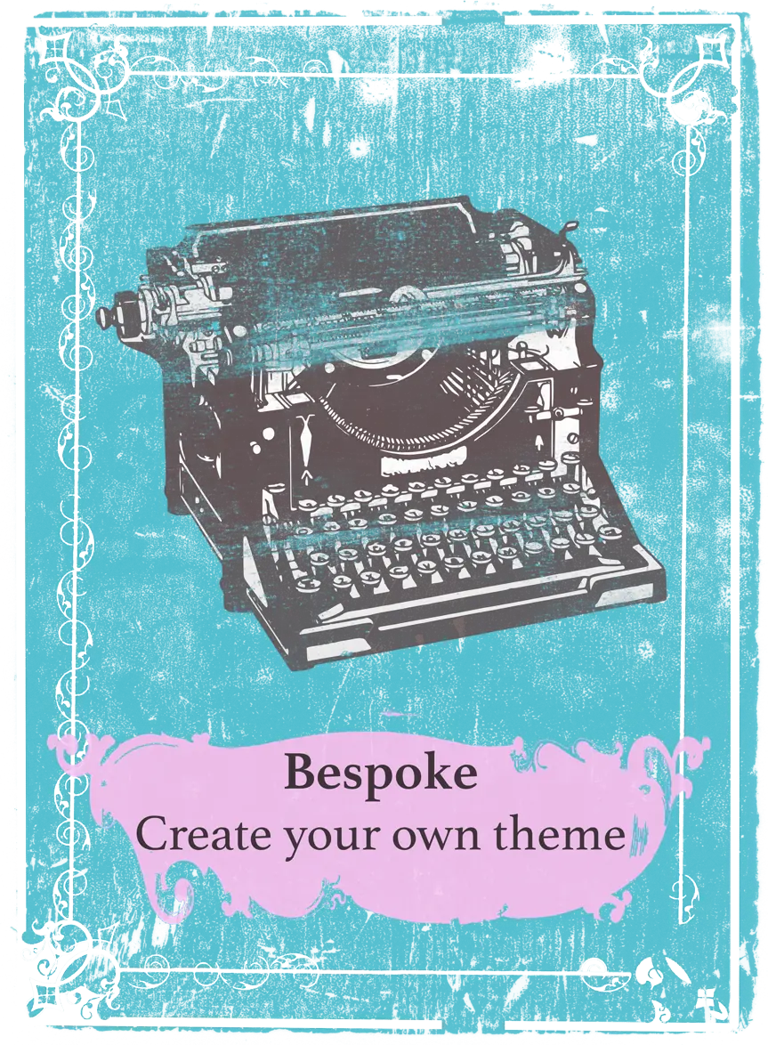 A vintage typewriter printed in blue, captioned Bespoke, create your own theme.