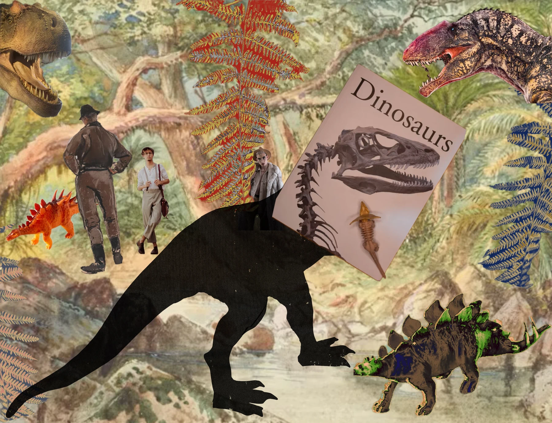 Collage of a prehistoric jungle in watercolour greens and reds with a black Tyrannosaurus silhouette, a Stegosaurus, explorers in hats and a book titled Dinosaurs.