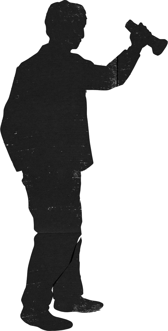 A black silhouette of a security guard holding up a torch, the night guard from the artwork for A Night at The Museum.