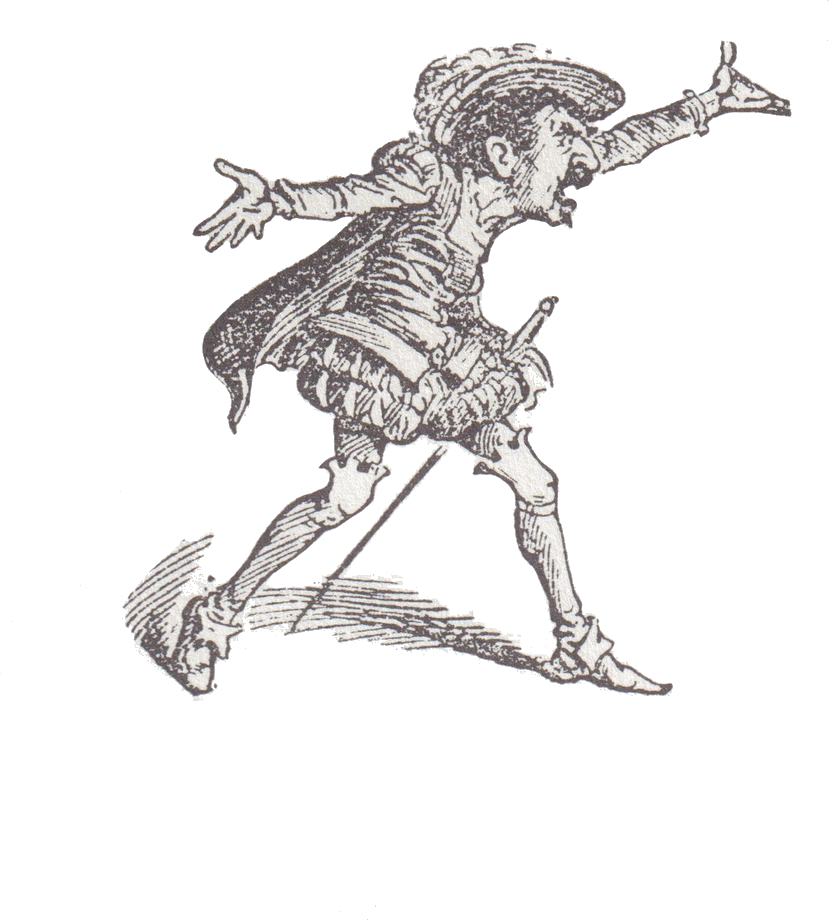 A pen-and-ink drawing of a jester mid-leap, one arm flung out, from the artwork for A Night at The Museum.