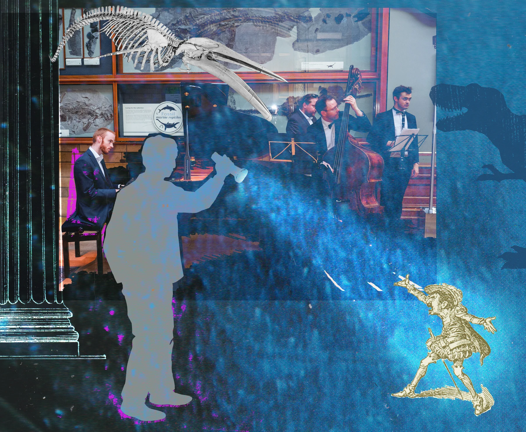 Collage washed blue: a jazz band in Fossil Way beneath the pterosaur skeleton, a ghostly figure in the foreground and a small gold figure running towards it.