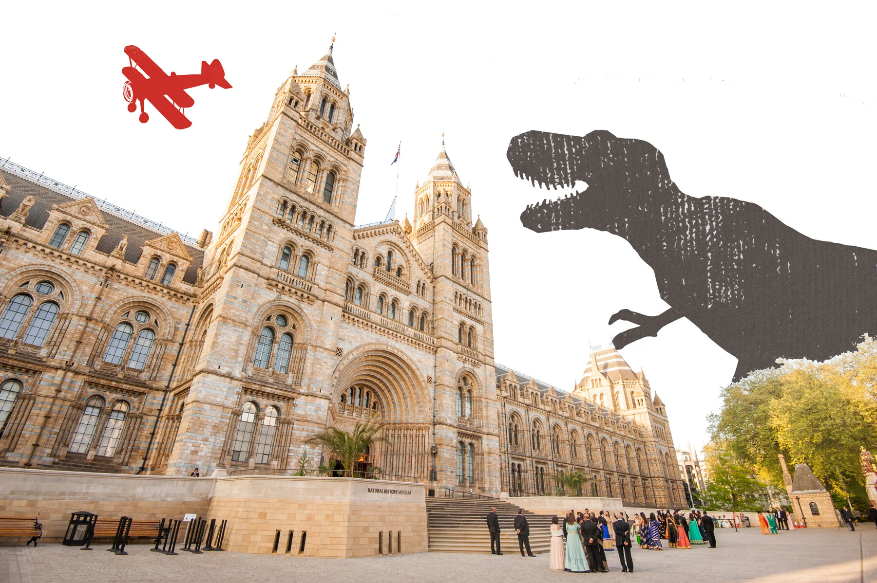 Collage: the Cromwell Road front of the Natural History Museum in afternoon light with a black cut-out Tyrannosaurus rex striding across the steps and a red biplane over the towers.