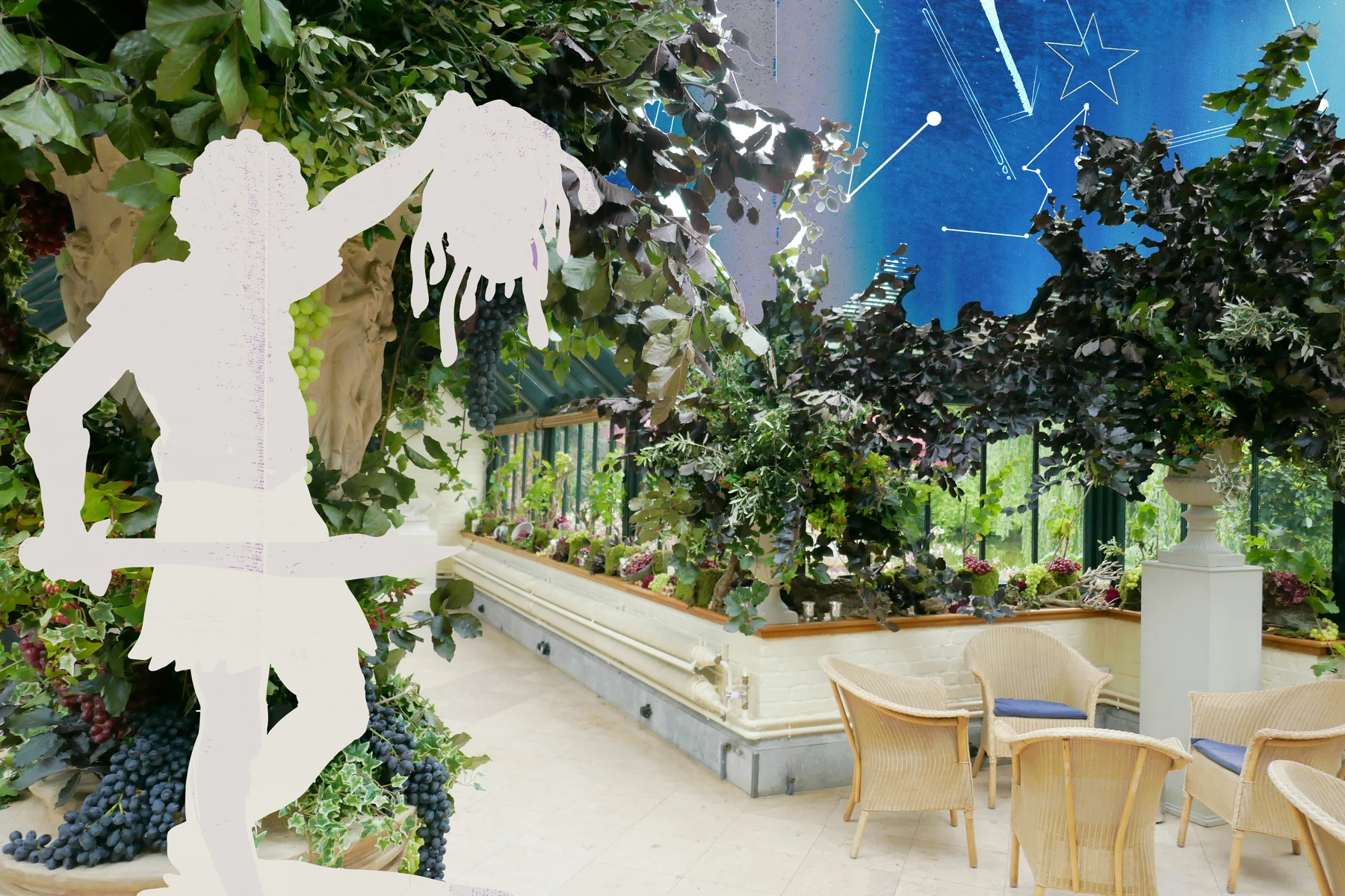 A Winter Garden dressed as a Greek olive garden, with a Perseus figure among the planting