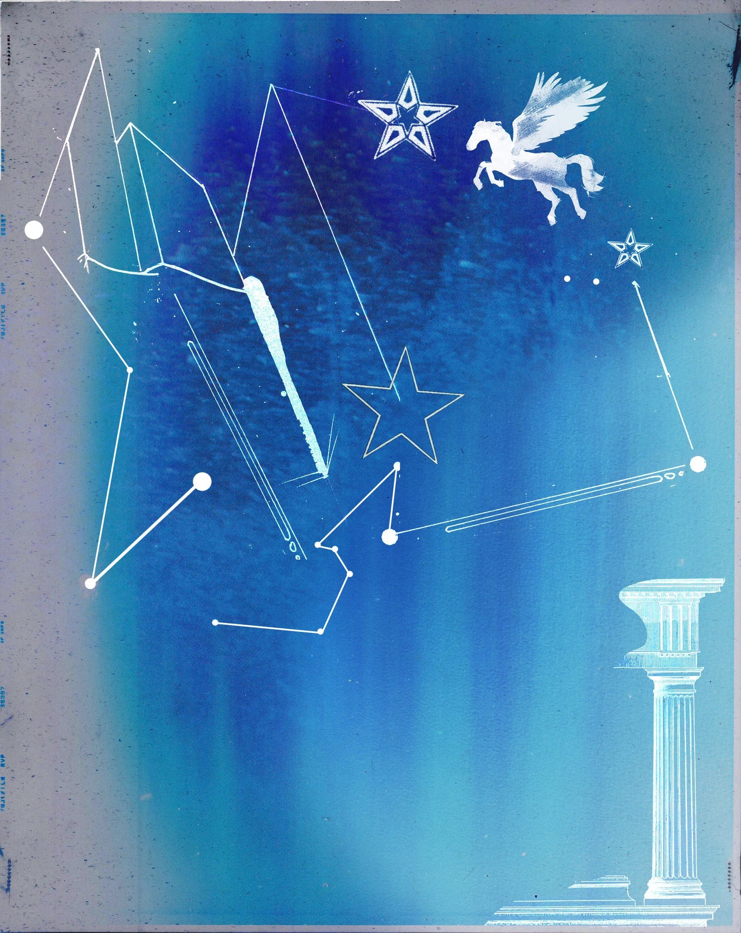 A blue cyanotype of a star chart, constellations drawn in white lines with Pegasus and a classical column in the corner.
