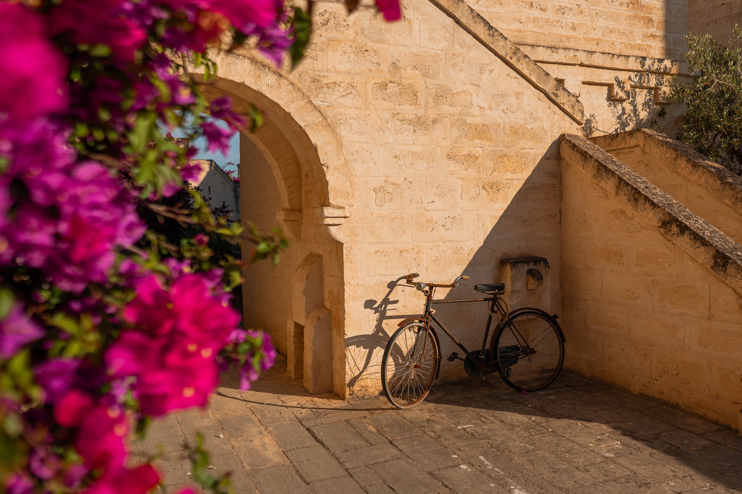A bicycle in an archway, bougainvillea in the foreground.