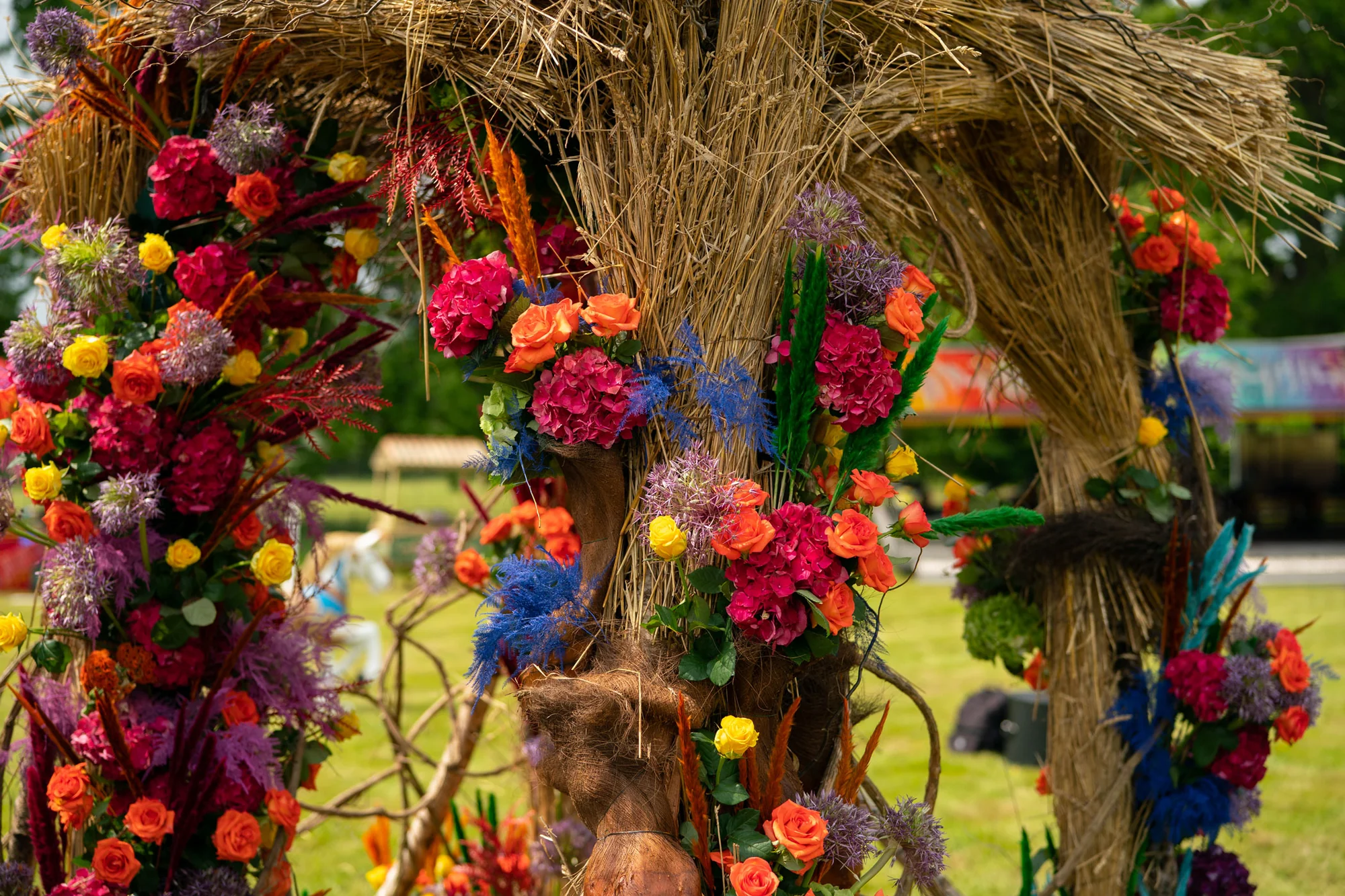 The straw mound close up, dahlias, roses and ranunculus pushed into it in bands of colour.