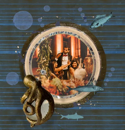 A porthole showing figures in a lit interior