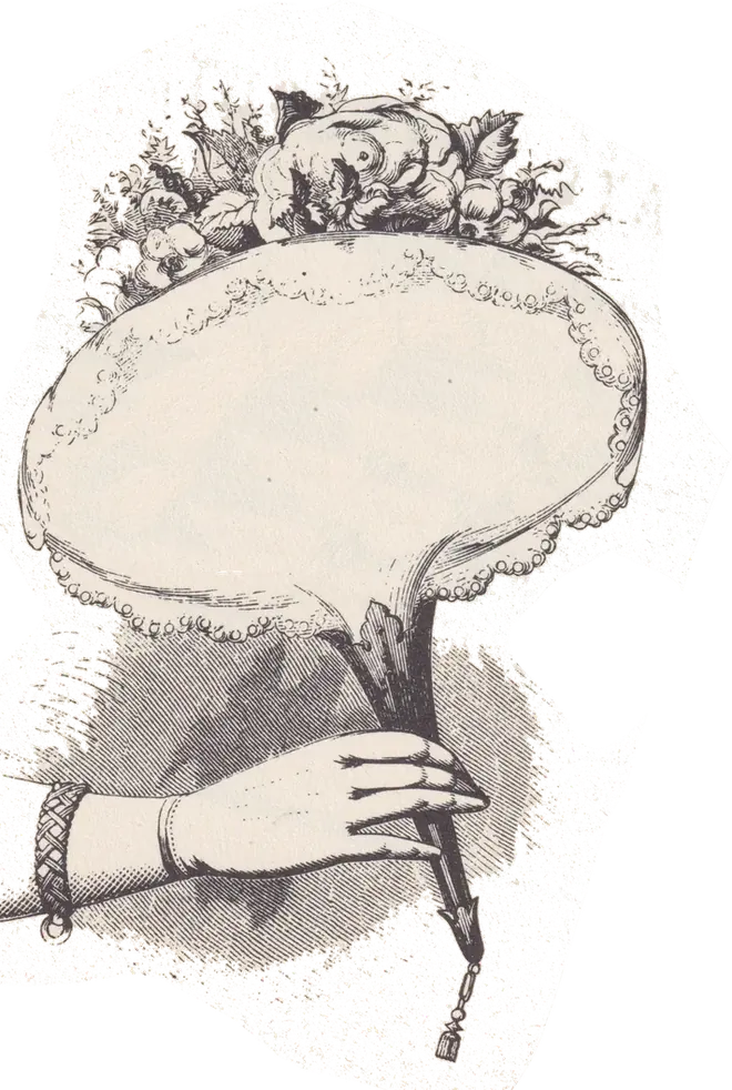 An oval cartouche crowned with flowers, held up by a gloved hand.