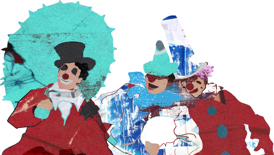 Three clowns against a teal starburst.